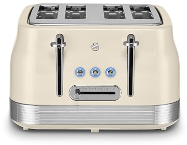 Swan Retro 4 Slice Toaster with 7 Browning Levels for Toast, Breakfast Muffins & Bagels, Removable Crumb Trays, Defrost/Reheat/Cancel, Cord Storage, 1860W, Cream & Stainless Steel, ST19029C