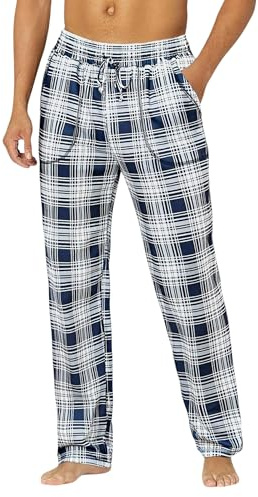 Demegimi Pyjamasbyxor för män vinter rutig bomull långa bekväma byxor med fickor för sömn och fritid, Ljusblå, XXL