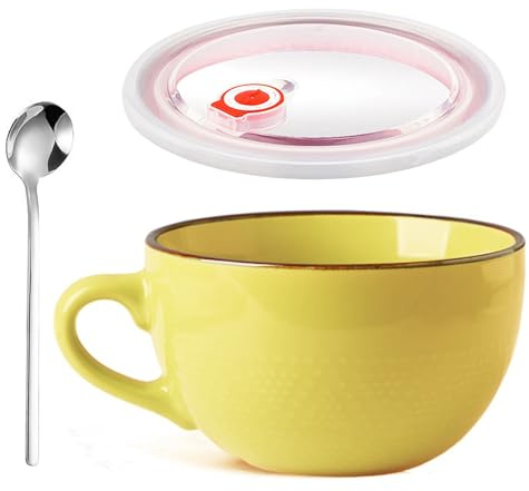 Groß Tasse Keramik, 700ml Salat Schale mit Henkel, Groß Müslischale, Porzellan Kaffee Tasse Mit Deckel und Löffel, Wiederverwendbar Porzellan Suppenschüssel, Kaffeetasse(Gelb)
