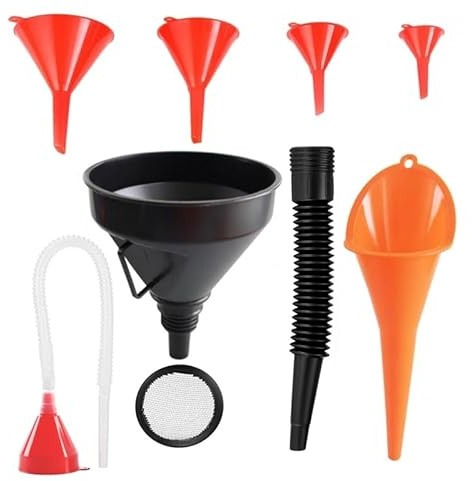 3 stycken påfyllningstrattset, rätvinkligt flexibelt plasttrattset, universell bil bensin, bränsle, tratt med avtagbar pip och långa trattar (röd/orange/svart-4 stycken)