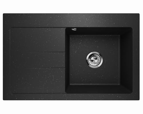 Lavello - Fregadero de granito negro metálico – Fregadero de montaje profundo 77,5x49,5 cm – Fregadero de cocina de 1 cubeta con escurridor, fácil de cuidar, resistente a los arañazos, reversible