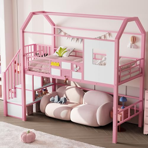 Dolamaní Mädchen Bett Rosa 90x200 cm, Metall Hochbett mit Treppe Sicherheits, Hausbett mit Dachkonstruktion und Stauraum, Rausfallschutz Design, Ohne Matratze (Rosa)