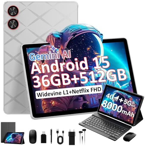 TIGERFU Android 15 Tablet, Tablet 11 Pulgadas con Tarjeta SIM, 36GB+512GB (TF 1TB), 4G LTE y 5G WiFi, Widevine L1, 2000 * 1200 IPS, 8000mAh/8MP+13MP/OTG/GPS, Tablets con Teclado/Ratón/Lápiz - Gris
