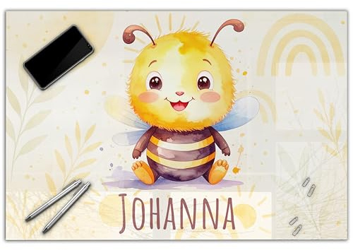 Schreibtischunterlage personalisiert mit Namen | 60 x 40 cm Biene | wasserfeste Schreibunterlage, abwischbar, glatt | stabiles, hochwertiges Acrylglas, Kinder Kunststoff Motiv Tiere