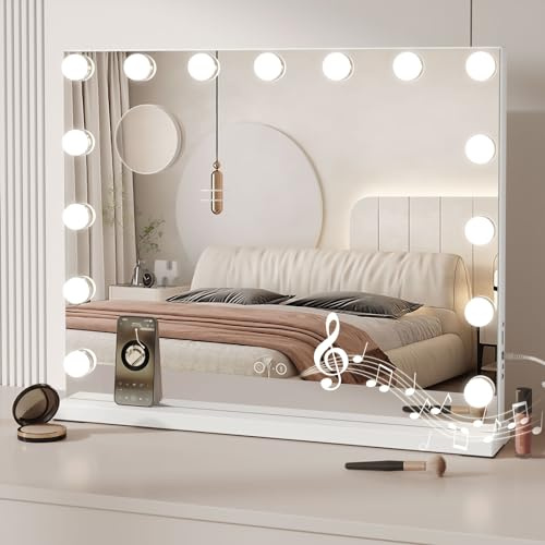 Dripex Espejo Hollywood 58x45 cm – 15 LED Bluetooth Blanco | 3 Colores de Luz, Luminosidad Ajustable Táctil, Conexión Bluetooth, Ideal para Maquillaje y Tocador