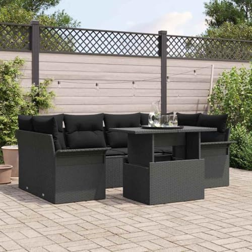 Teenpull Garten-Sofa-Set mit Kissen, 7-teilig, Schwarz Poly Rattan, modulares Outdoor Loungeset für Terrasse, Balkon