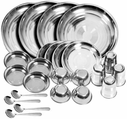 HRS India Service de table en acier inoxydable pur avec assiettes, verres, ustensiles de cuisine, 24 pièces