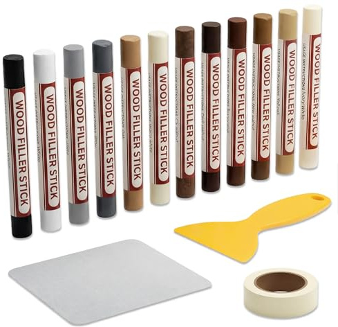 YYMT Juego de reparación de laminados, 12 colores, cera de madera, con raspador, cinta adhesiva y paño, lápiz reparador de madera calefactable para reparar arañazos en parqué, PVC y muebles
