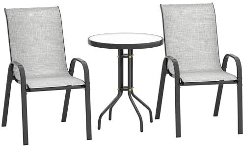 Outsunny Set de bistró de 3 Piezas con 2 sillas de jardín Transpirables apilables y Mesa Redonda, Juego de Mesa y sillas de jardín de Acero y Cristal, Juego de jardín para Patio, jardín, Gris