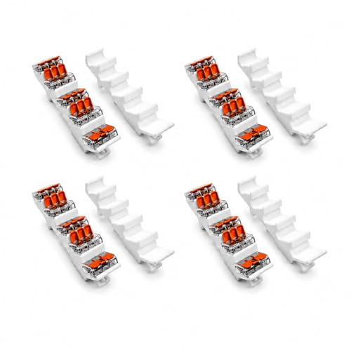 Hutschienenhalter passend für WAGO Hebelklemmen 221-412, 221-413, 221-415 – DIN 35mm Tragschiene, flex 5-fach Aufnahme, 4er Pack, PETG weiß, Made in Germany