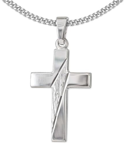 CLEVER SCHMUCK Kreuzkette Silber Anhänger Kreuz 21 mm glänzend quer diamantiert Kette Panzer 50 cm Sterling 925 im Kreuz sand
