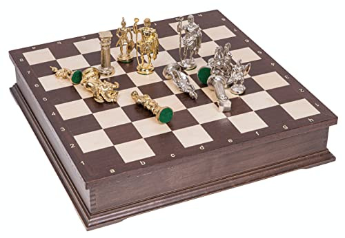 Schach Schachspiel - Roman LUX - Schachfiguren aus Metall - Schachbrett aus Holz