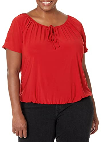 Star Vixen dam Short/Slit Sleeve Keyhole-tie Peasant Top Bubble Hem Blus