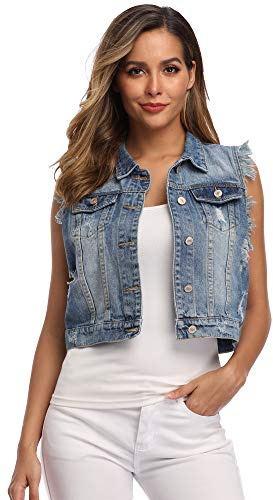 MISS MOLY Damen-Denim-Weste, ärmellos, Jeans-Weste mit Brusttaschen, Hellblau 2, S