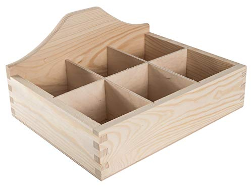 WooDeeDoo Wooden Tea Display Box with 6 Compartments Wavy Back Open Storage Crate Decorative Pine Desk Organiser Craft Tidy Container Unpainted Wood 23.5 x 18.5 x 11.5 cm