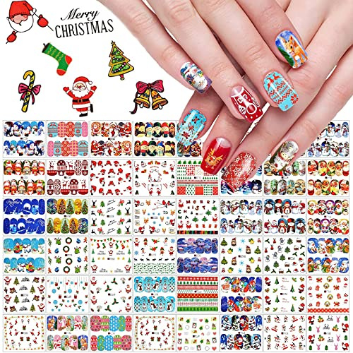 48 Sheets Christmas Nail Art Stickers, Kalolary 3D Water Transfer Nail Decals Stencil Manicure Nail Salon DIY Nail Art Tips Decorations for Women Kids