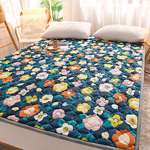 ZWDYY Cotton Plüsch Matratzenauflage Protector Cover, Geräuschlose Gesteppte Fitting Bettunterlage, Maschinenwaschbare Bettunterlage, Breite Gummibänder Easy Fit,Flower,150 * 190cm