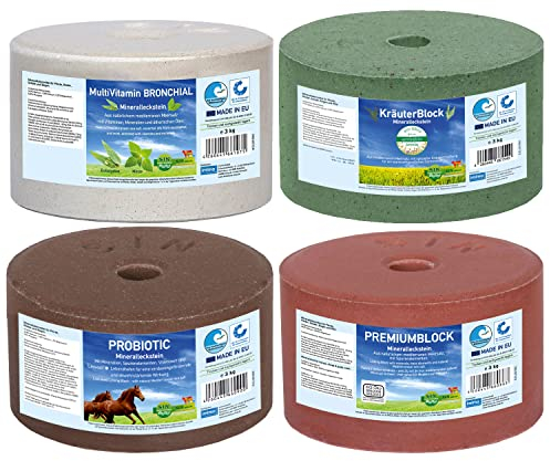 imima Lecksteine-Bar Premium Set 4X 3kg mit KräuterBlock, PROBIOTIC, MultiVitamin BRONCHIAL, PREMIUMBLOCK Salzleckstein Set 4 x 3 kg - Salzlecksteine für Pferde, Schafe, Ziegen, Wild und Rind