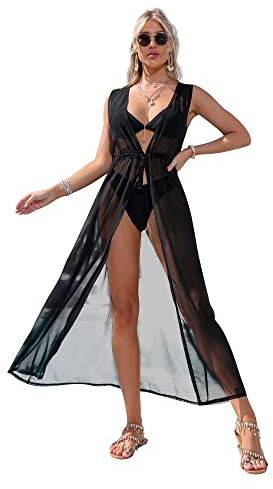 CHIC DIARY Bikini Strandkleid Cover Up Boho Ärmellos Maxi Strandtunika Chiffon Strandponcho Schwarz Kimono Beachwear Damen