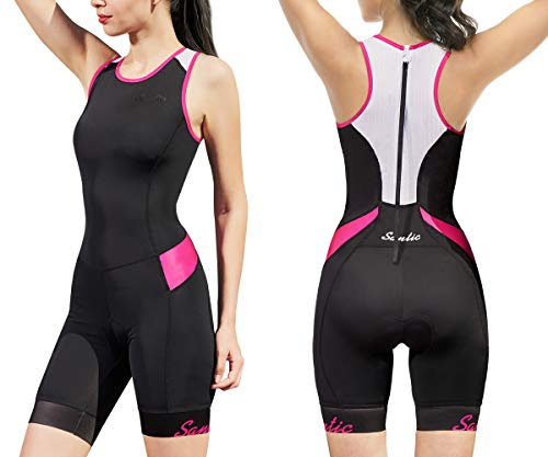 Triathlon-Anzug für Damen, Einteiler, ärmellos, gepolstert, schnelltrocknend, abnehmbar, für Laufen, Schwimmen, Radfahren, Schwarz / Rosarot, XX-Large