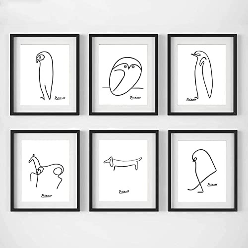 AIVYNA Picasso Minimalistische Strichzeichnung Tiere Poster Schwarz Weiß Wand Gemäldedrucke Leinwand Bild Wohnzimmer Wandbild Wohnkultur Rahmenlos 30×40cm×6pcs