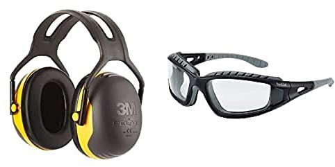 Peltor 3M X2AC1 X2 Earmuff; Hearing Protection, noise levels 94-105 dB (SNR: 31dB) Black/Yellow, Adult Bundle with Bolle TRACPSI Tracker Glasses Nylon Frame Anti-Scratch and Fog Lens, Clear/Black