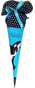 Glückspilz Schultüte mit Namen personalisiert, ORCA, Zuckertüte Wal aus Stoff genäht, blau/türkis, mit Kissen + Rohling