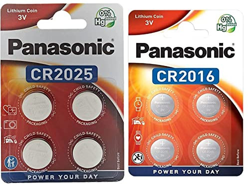 ‎Corp. Panasonic CR2025 Batería de Litio de botón 3 V Pack de 4 & Panasonic CR2016 Pila botón de Litio 3V, 90 mAh, Blister de 4