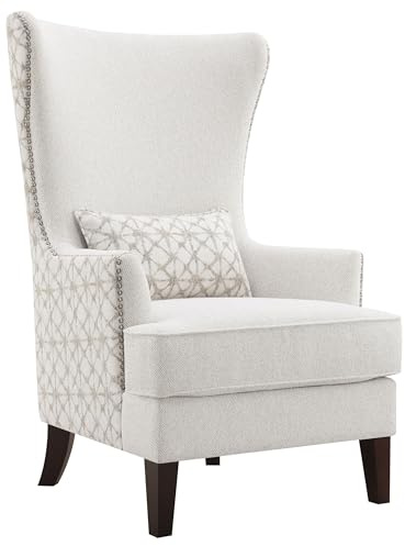 Coaster Home Furnishings - Pippin - Upholstered High Wingback Accent Chair with Brown Wood Legs, Track Arms, Removable T-Cushion, Geometric Pattern and Nailhead Trim - Living Room - Latte - 904066