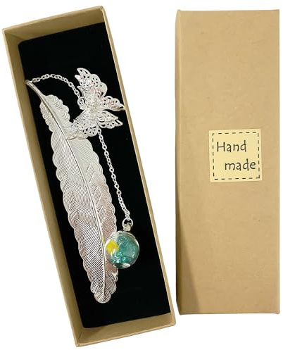 1Stück Feder Lesezeichen, 1pc Geschenkbox, Schmetterling, Glasperle getrocknete Blume Charme, Lesen Zubehör, schöne Metall-Lesezeichen, Vintage Lesezeichen, schönes Geschenk