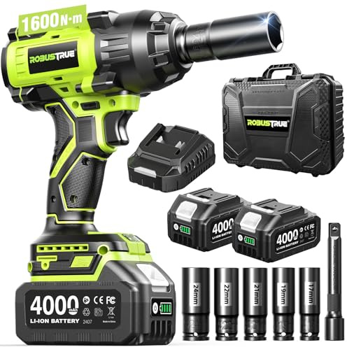 Robustrue 1600N.m (1180ft-lbs) Cordless Impact Wrench, 1/2 High Torque Brushless Impact Gun, 2400RPM Power, 2 x 4.0Ah Batteries, Fast Charger, Impact Wrench for Heavy Duty Truck RV Mower