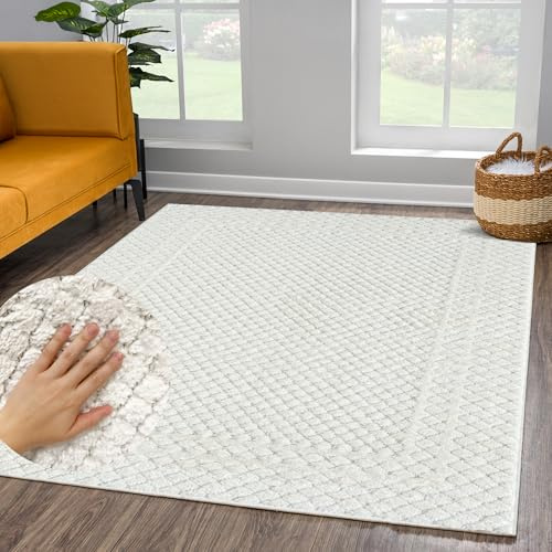 payé Tapis de salon à poils longs - 160x230 cm - Uni - Crème pastel - Boho - Moderne motif losange - Scandinave moelleux doux - Chambre à coucher