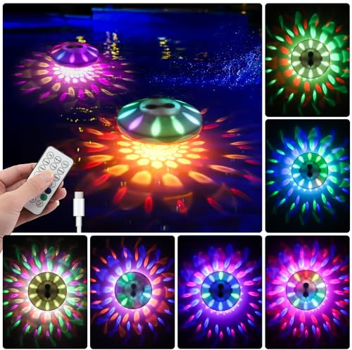 QOLNBY Floating Pool Lights 2 Pack, IP68 Waterproof Pool Lights | Rechargeable RGB Upper and Lower Color Changing with 6 Dynamic Lighting Effects, Floating Light for Pond Gardens,Party