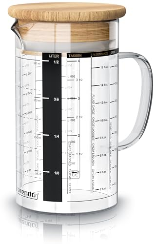 Arendo - 500ml Glasbehälter aus Borosilikatglas - 0,5 Liter Messbecher Glas Krug – präzise Skala – hitzebeständig – Mikrowellen geeignet – Glasbehälter mit Bambusdeckel - Silikondichtung