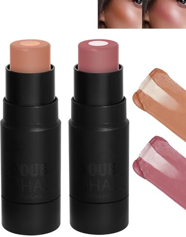 2Pcs Crème Blush Makeup Stick Bronzer & Rose, Multi-usage Mat Highlighter Cheek Wand Blusher, Fards à Joues Facile à Estomper, Imperméable et Durable, Éclat Naturel, Maquillage Cadeau Noel-01+02