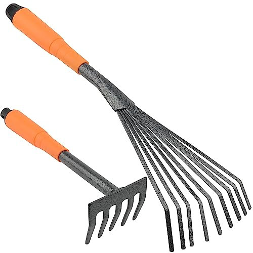 ZEONHEI 2 PCS Mini Garden Rakes, 11 Inch 5 Root Steel Lawn Rake and 16 Inch 9 Root Leaf Rake with Comfort Grip, Rust Resistant Hand Rakes for Gardening and Lawn Care