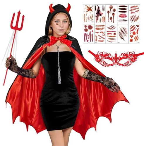 JWDMHSJ Teufel Kostüm Damen 6-Teiliges Set: Umhang & Teufelsgabel & Tattoo | Kapuzenumhang mit Teufelshörnern - Angenehm zu Tragen - Halloween Fasching Karneval Mottoparty Cosplay Gothic Kostümzubehör