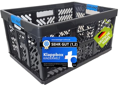 KiNDERWELT 2 x hopfällbara förvaringslådor 45 l till 50 kg vikbar låda, robust transportlåda plastviklåda, korg, svart/blå