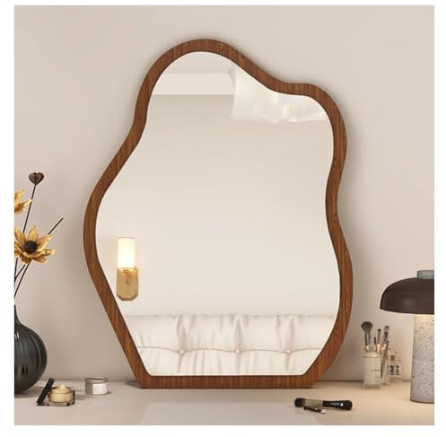 NOIRDA Unregelmäßiger Wandspiegel Mit Holzrahmen, 36x56cm 40x60cm Schlafzimmer-Schminkspiegel Kosmetikspiegel, Rustikaler Hängespiegel Dekorativer Künstlerischer Spiegel(Walnut,36x56cm/14.1x22in)