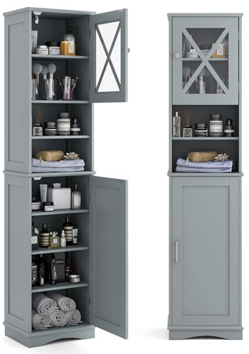 COSTWAY Bathroom Tall Cabinet, Freestanding Storage Cupboard with 5 Adjustable Shelves and 2 Doors, Wooden Tall Narrow Slim Bathroom Unit Floor Cabinet for Living Room Hallway, 40x30x170cm (Grey)
