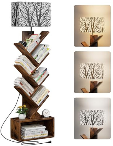 Evermagin Estantería de árbol con luz, estantería pequeña de 6 niveles, organizador de torre de libros de pie estrecho con armario de almacenamiento para sala de estar, dormitorio y oficina en casa,