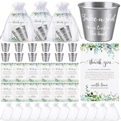 ULELE Juego de 36 Regalos de Boda para Invitados al por Mayor Vasos de Chupito de Acero Inoxidable de 44ml Tarjeta de Agradecimiento Bolsa de Organza Regalo de Agradecimiento de Boda para Despedida de