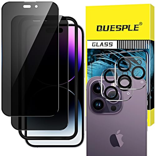 QUESPLE [2+2 Pezzi] iPhone 14 Pro Privacy Pellicola Protettiva(6.1 Pollici) e Protezione per Obiettivo Della Fotocamera, (Vetro Privacy) Anti Spy in Vetro Temperato con Strumenti di Installazione