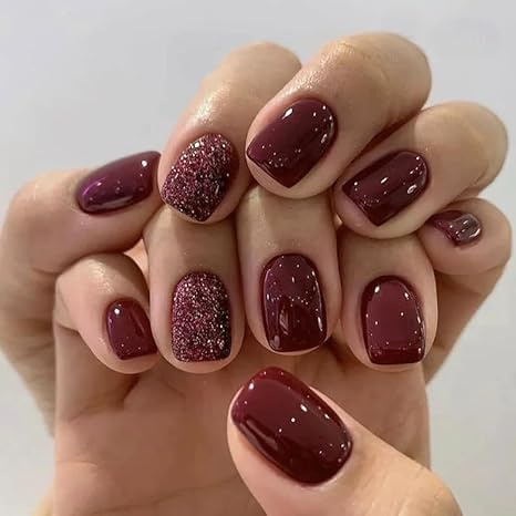 JUSTOTRY 24 Stück Burgundy Einfarbig Nägel Zum Aufkleben Kurz,Glitter Rot Eckig Press on Nails Pattern,Glossy Kunstnägel Fake Nails Mittel,French Square Fingernägel Künstliche Nägel für Frauen