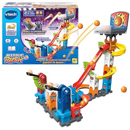 VTech - Marble Rush Canasta de Basket, Juguete de construcción y Circuito de canicas, Catapultas giratorias, 41 Piezas, 6 Bolas, Regalo niños +4 años, Versión ESP