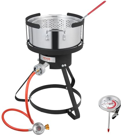 VEVOR Friteuse à poissons, friteuse à ailes, 9,35 l, en aluminium, avec thermomètre, panier à tamis et brûleurs au propane 54 000 BTU, pour cuisiner en plein air