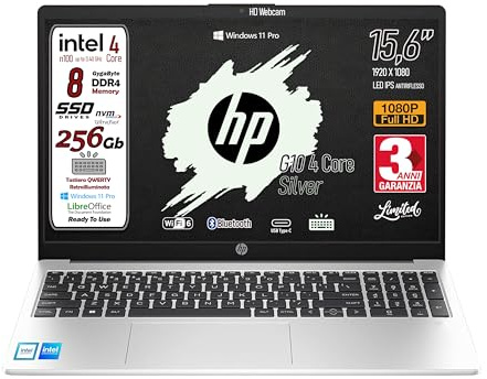 HP 250 G10 Notebook portatile, Ram 8GB, SSD 256Gb, Display FullHD 15.6, Cpu Intel N100 4Core fino a 3,4 GHz, tastiera retroilluminata, Win 11 Pro, 3 anni di garanzia, pronto All'uso, Italia