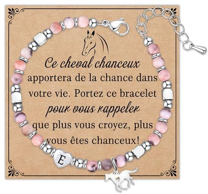 Astellea Bracelet en Pierre Naturelle avec Pendentif Cheval, Initiales lettres Bracelet pour Fille Femme, Bijoux Personnalisés pour Les Amateurs de Chevaux Amis Famille Collègues (E)
