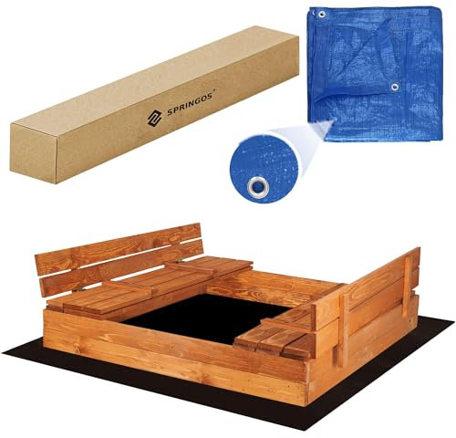 SPRINGOS Sabbiera in legno 150 x 150 cm con panche e coperchio pieghevole, impregnata e resistente alle intemperie, con tessuto non tessuto e telo copertura Gioco sicuro per bambini