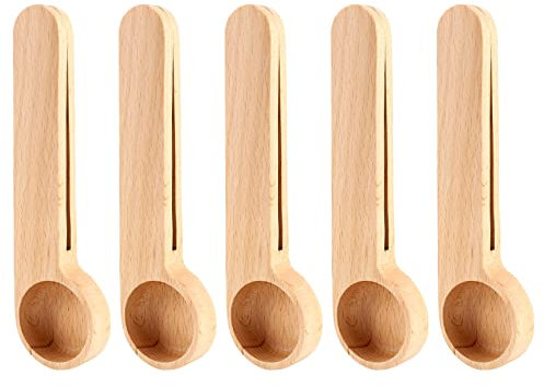 Agwuoetr 5 Pcs Wooden Coffee Scoop and Bag Clip Measure Spoon 2-In-1 Bags Sealer Measuring Spoon for Beans,Espresso Coffee,Tea